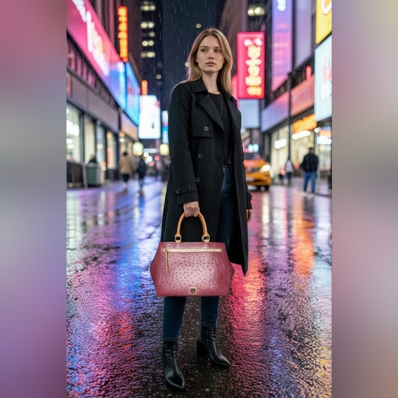 Dooney & Bourke Burgundy Ostrich Zip Satchel With Tan Handles - Picture 14 of 16